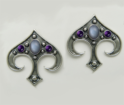 Sterling Silver Gothic Inspired Drop Dangle Earrings With Grey Moonstone And Amethyst